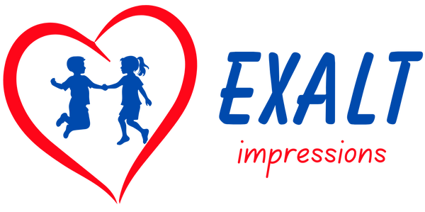Logo with two children holding hands inside a red heart and 'EXALT impressions' text.